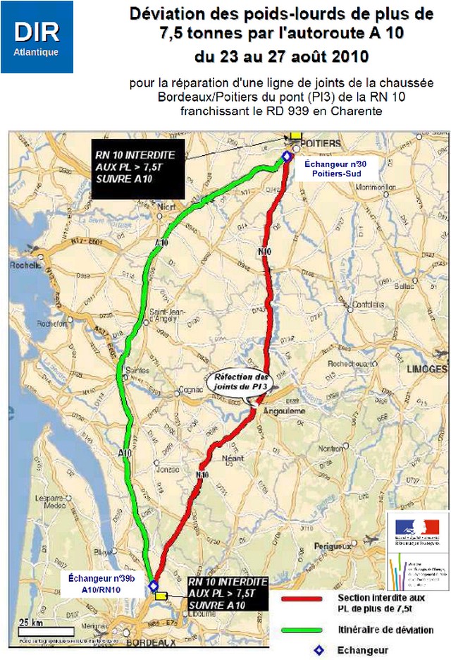 Plan de la déviation des poids-lourds de plus de 7,5t par l'A10